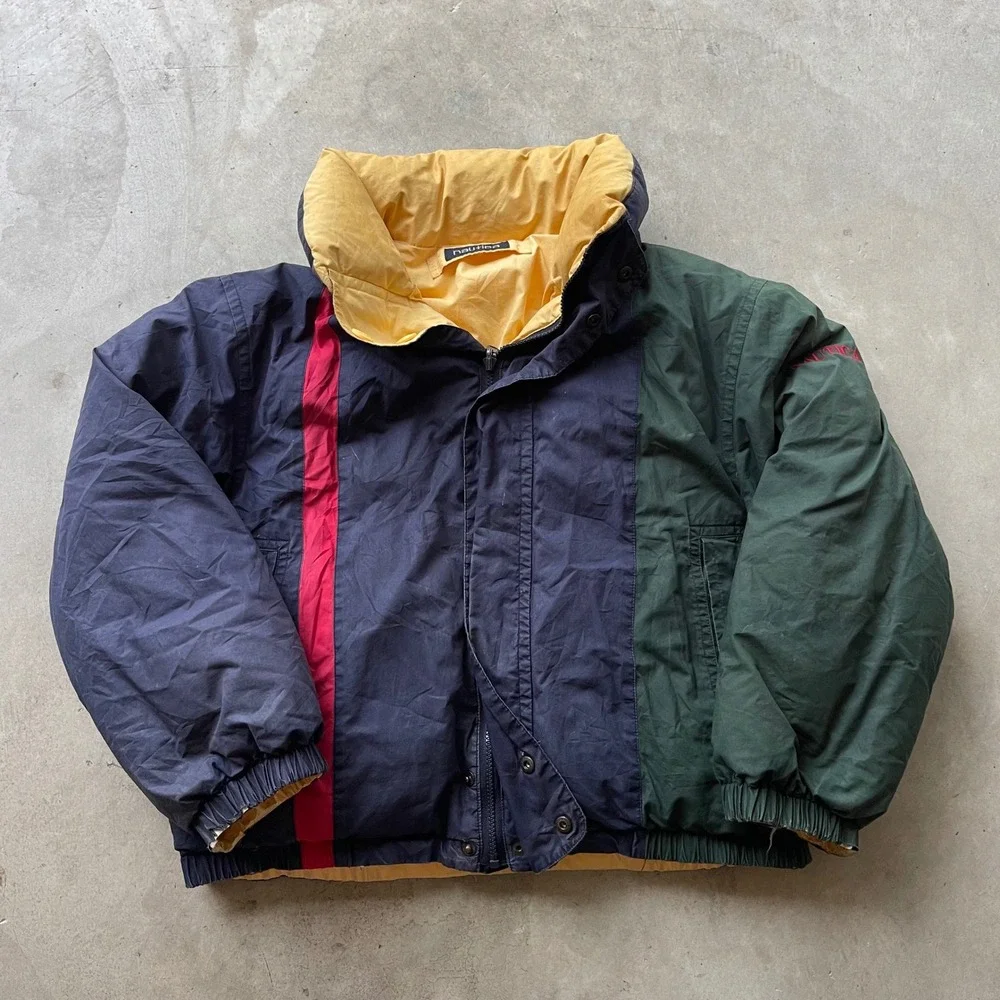 Vintage Nautica Reversible Puffer Jacket Navy Green Yellow Down Men Small S
